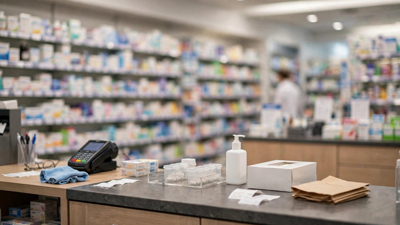 A pharmacy counter with a card payment terminal and blurred shelves of medicine boxes in the background