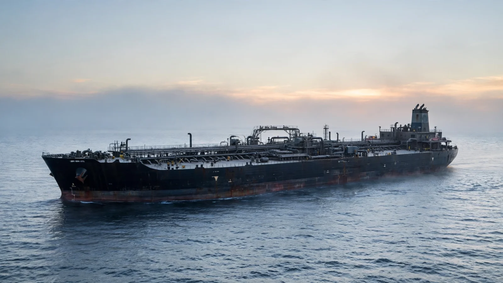 A large oil tanker ship sailing on the open ocean at dawn