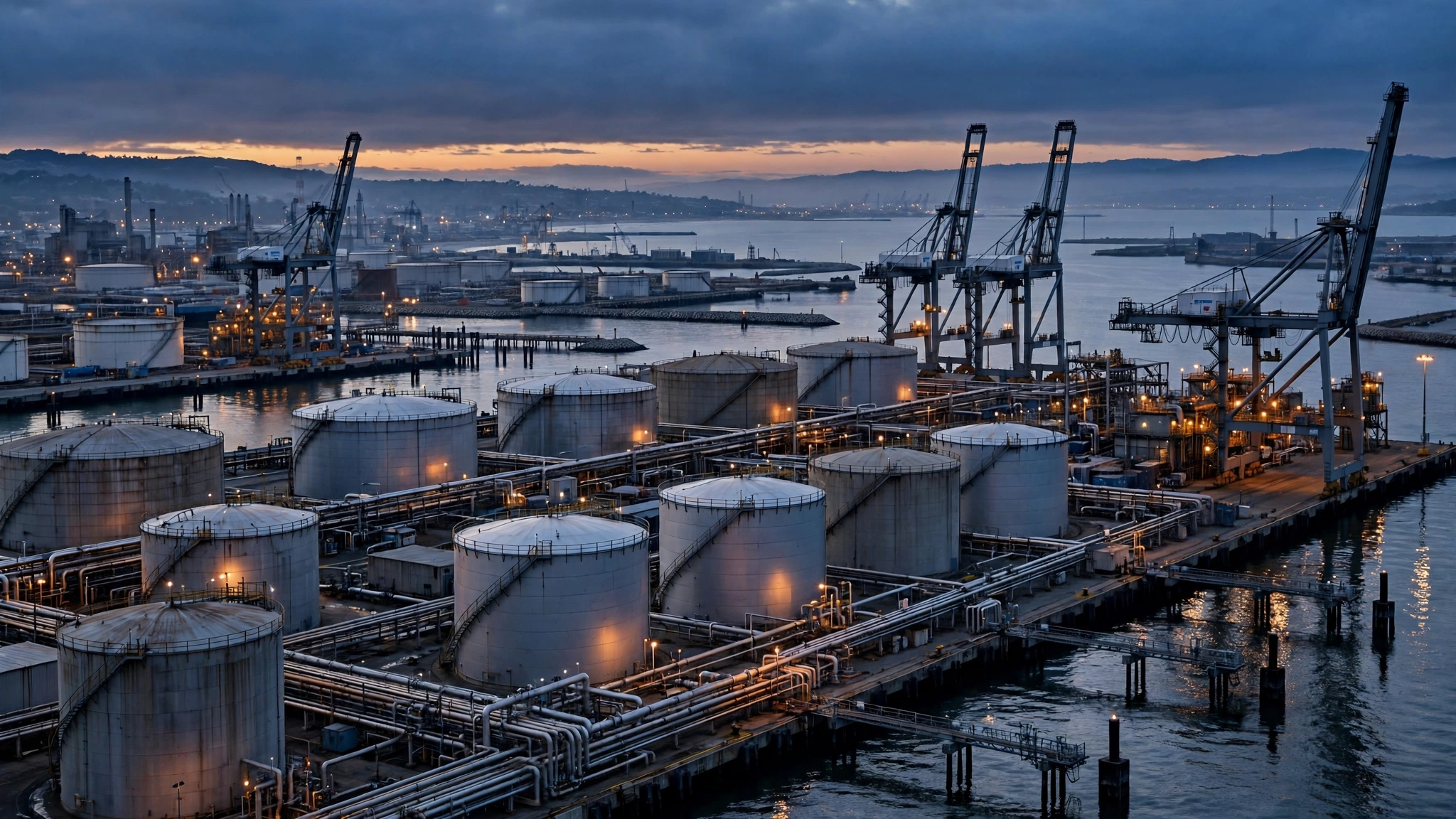 Fuel storage tanks, cranes and pipelines at a coastal oil terminal at dusk