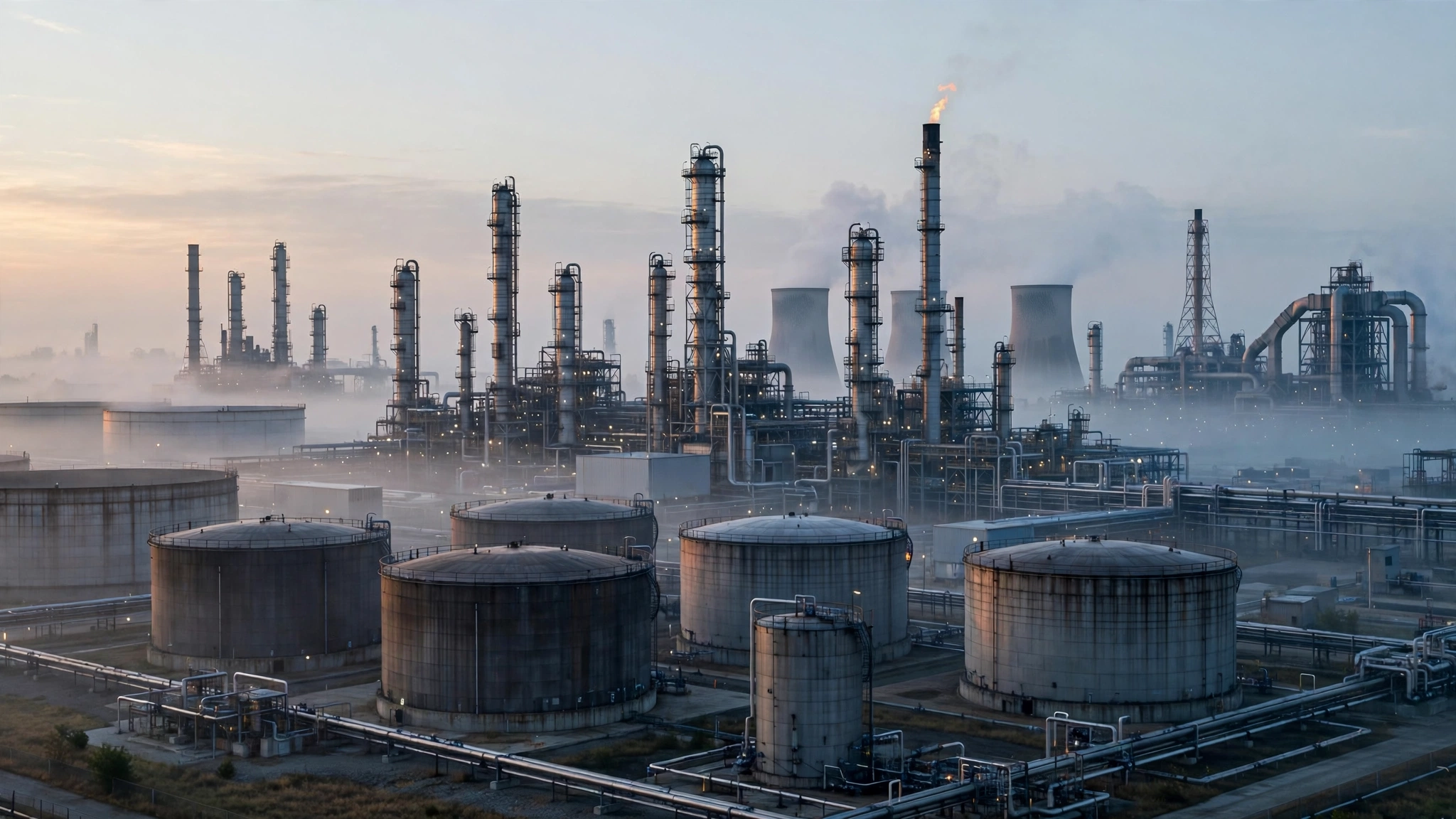 Oil refinery towers and storage tanks in early morning light