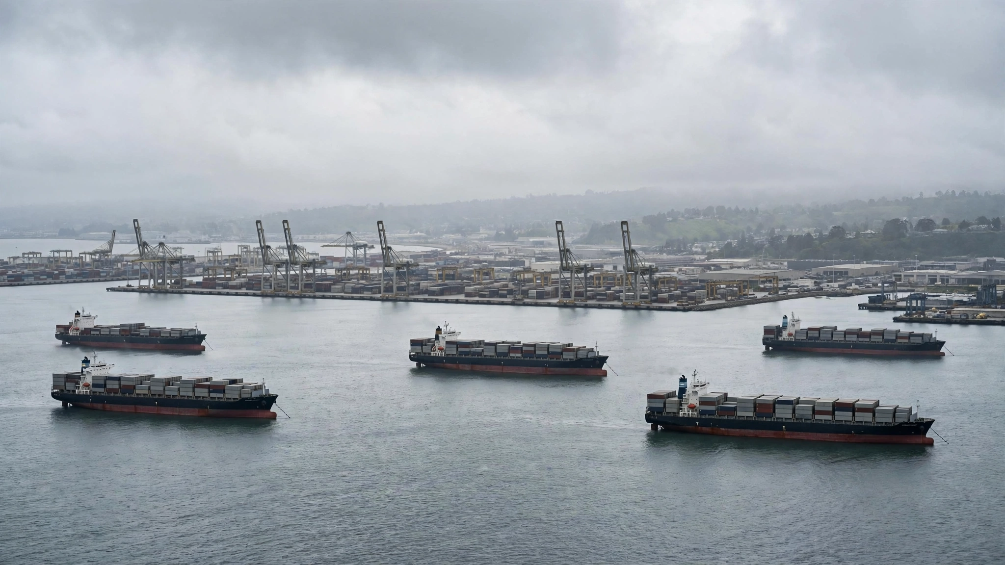 Cargo ships anchored near a port with cranes under overcast skies
