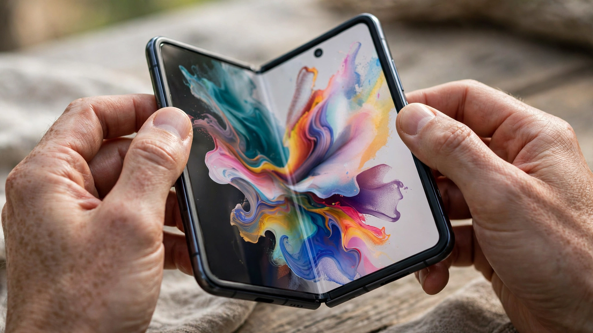 Hands unfolding a foldable smartphone. The iPhone Duo starts at $1,999 and delivery estimates for new orders have slipped to late January 2027.