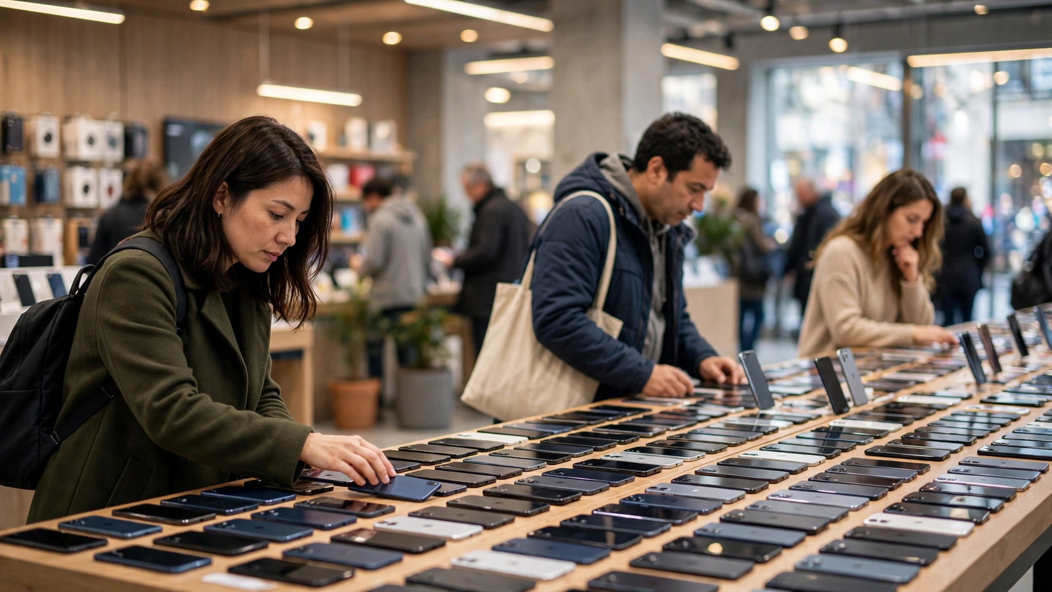 Shoppers browsing smartphones inside an electronics store. The iPhone Duo goes on sale in stores on October 23.