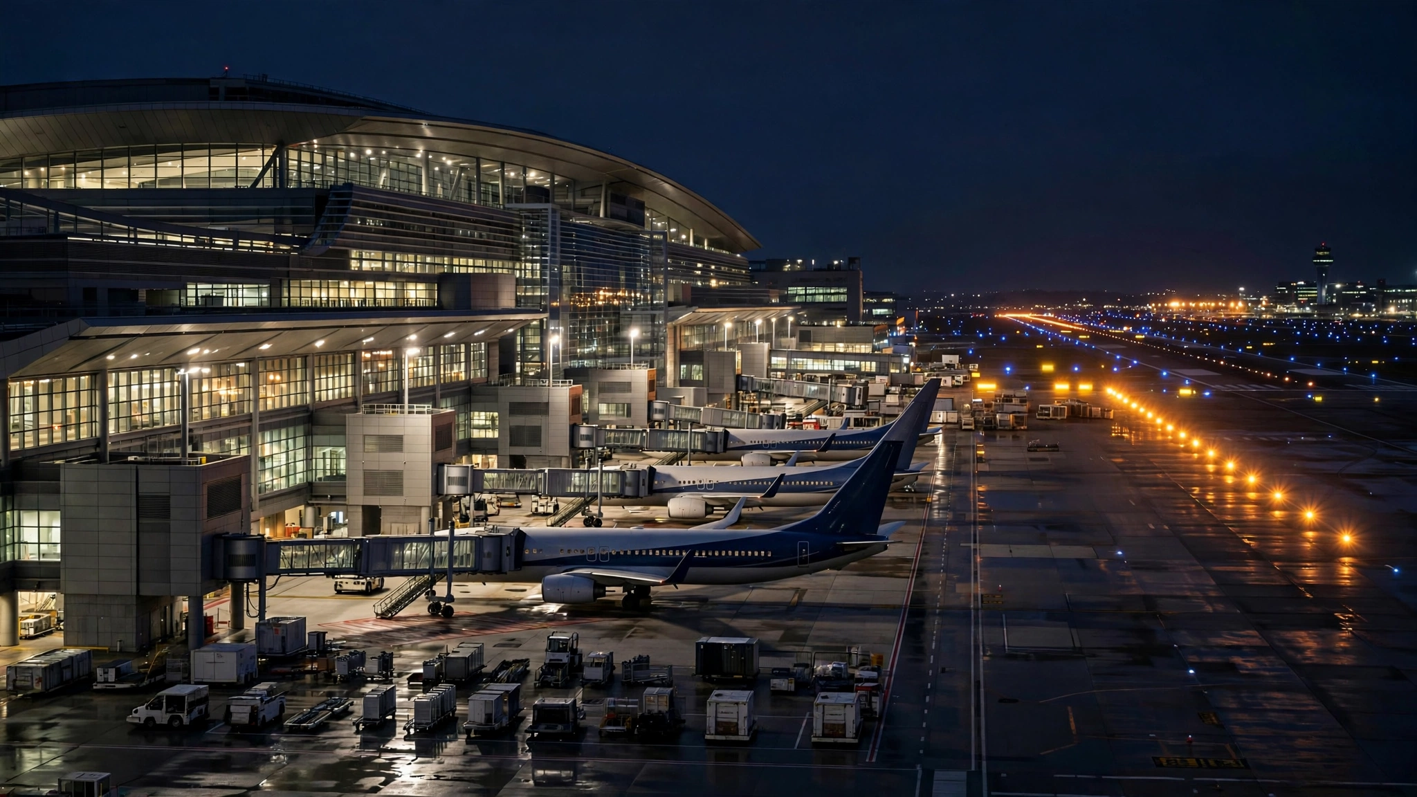 A large international airport terminal at night with planes parked at gates and glowing runway lights.