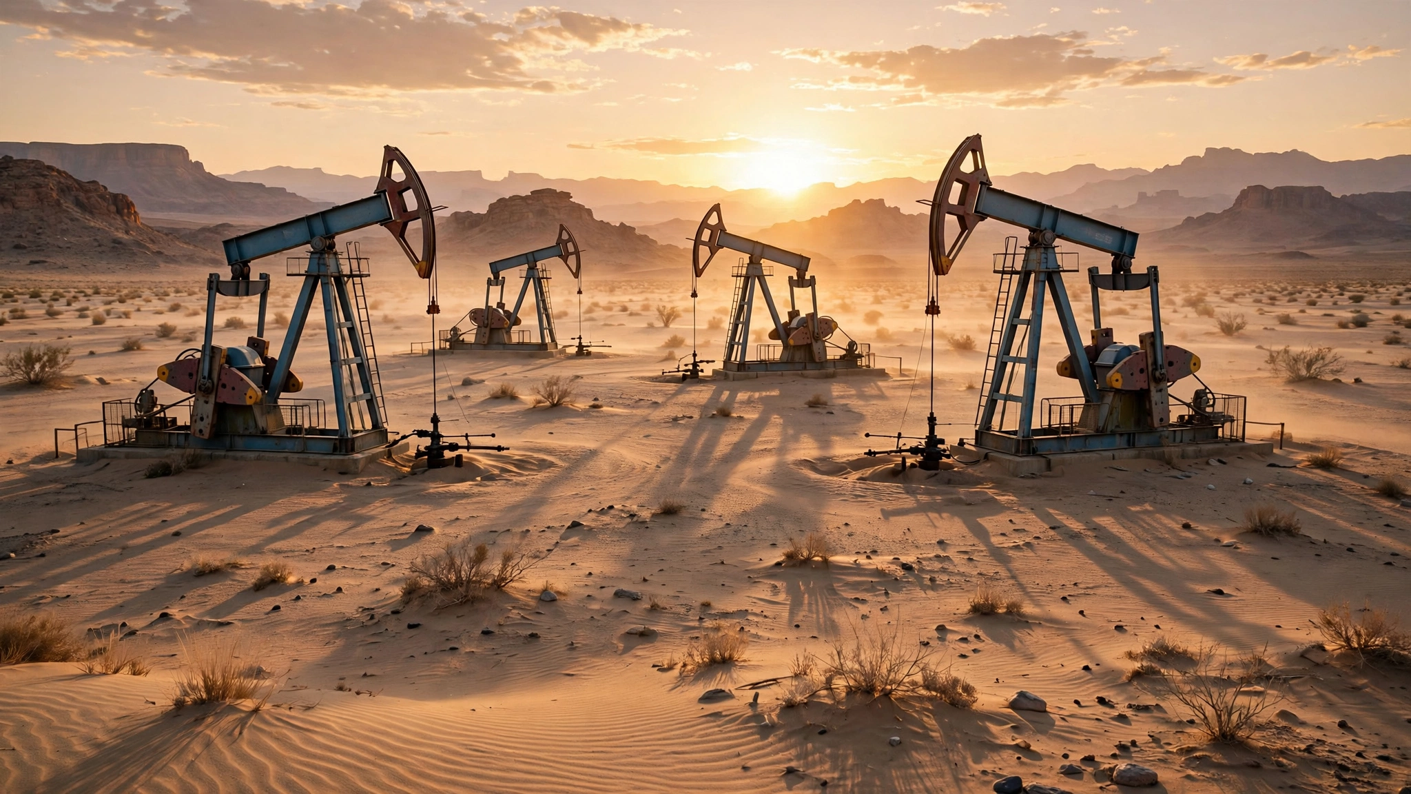Oil pump jacks operating in a desert at sunset.