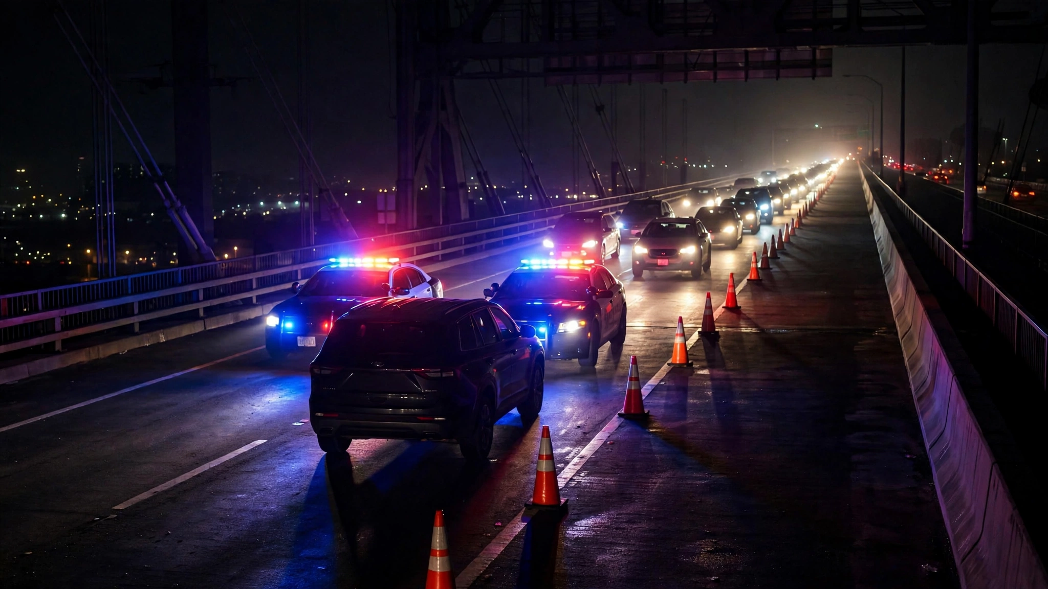 Police cars with flashing red and blue lights and traffic cones blocking a lane on a bridge roadway at night; a dark SUV is stopped ahead; no faces are visible