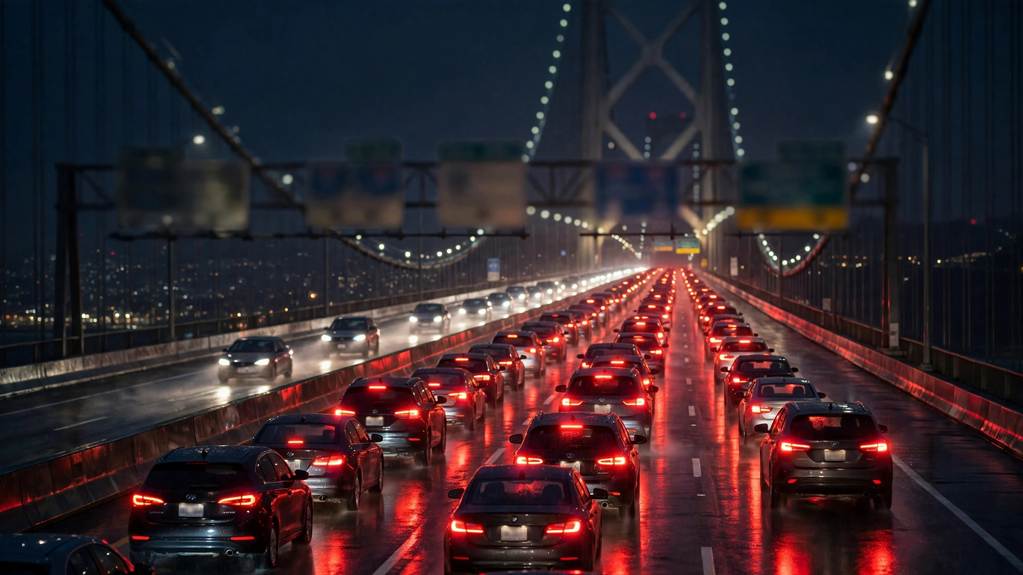 Long lines of cars with red brake lights backed up on a suspension bridge at night