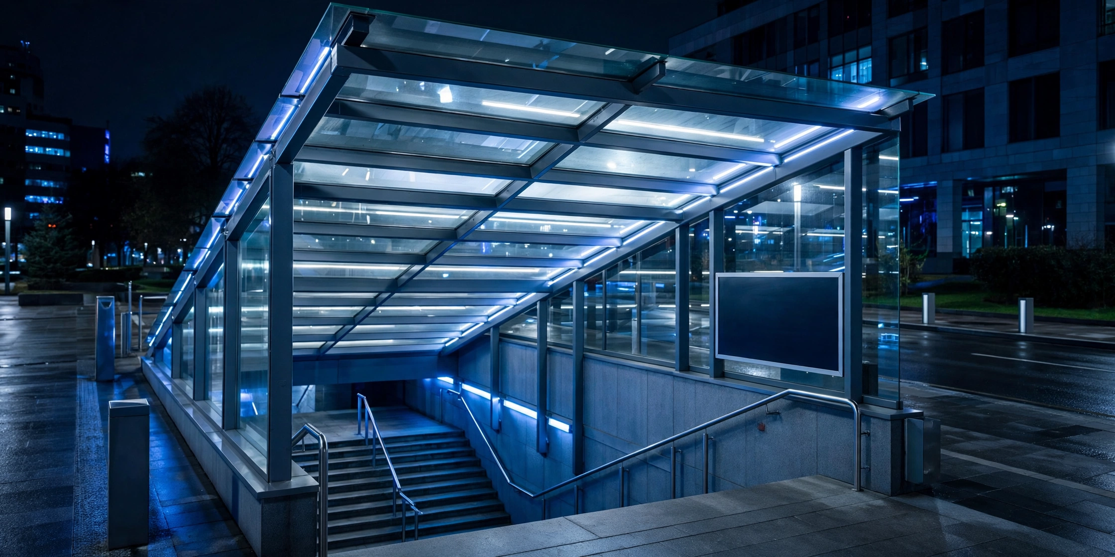 A subway station entrance with a glass canopy over stairs descending underground at night