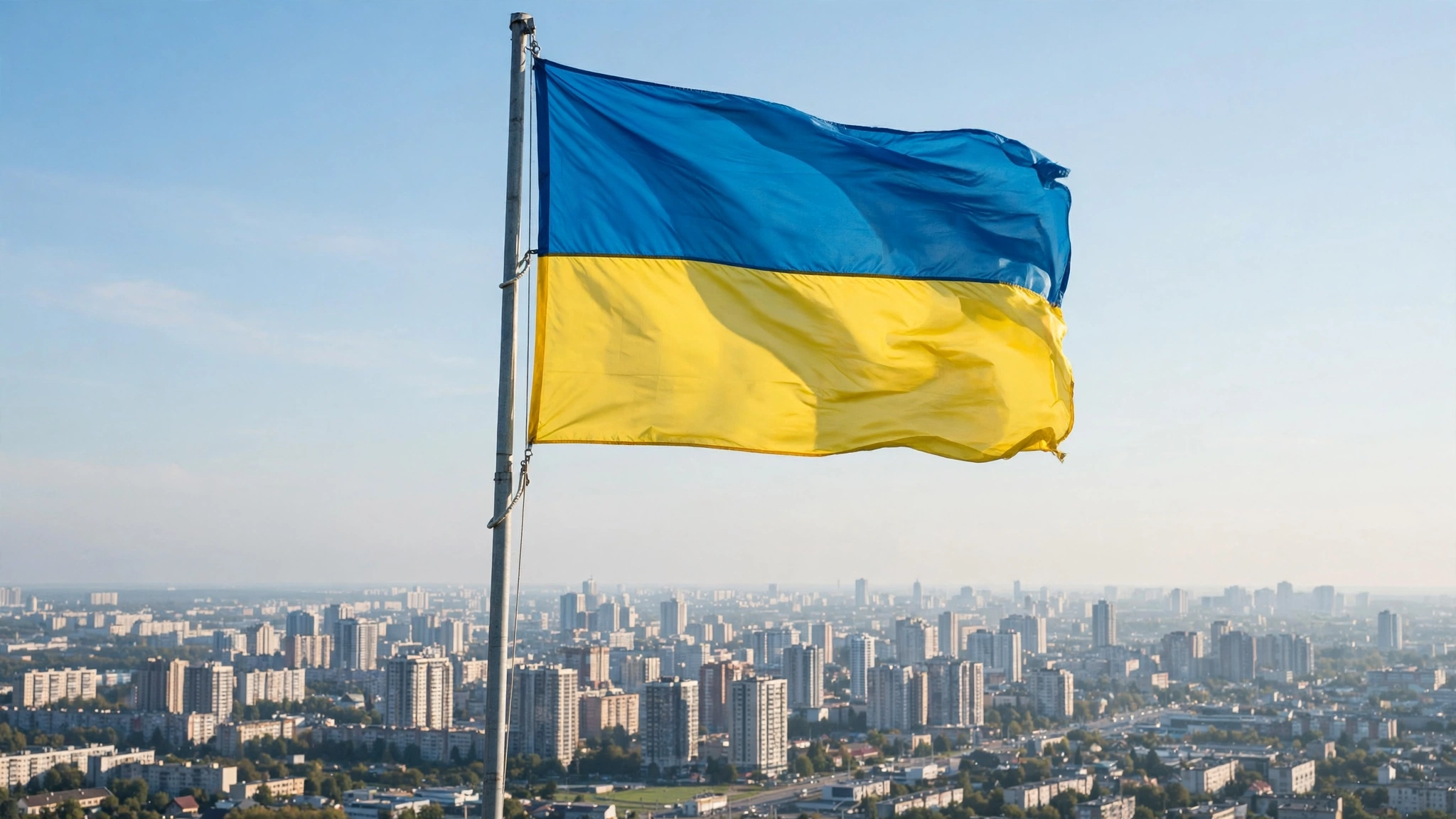 The Ukrainian flag flying from a pole above a city skyline at dawn