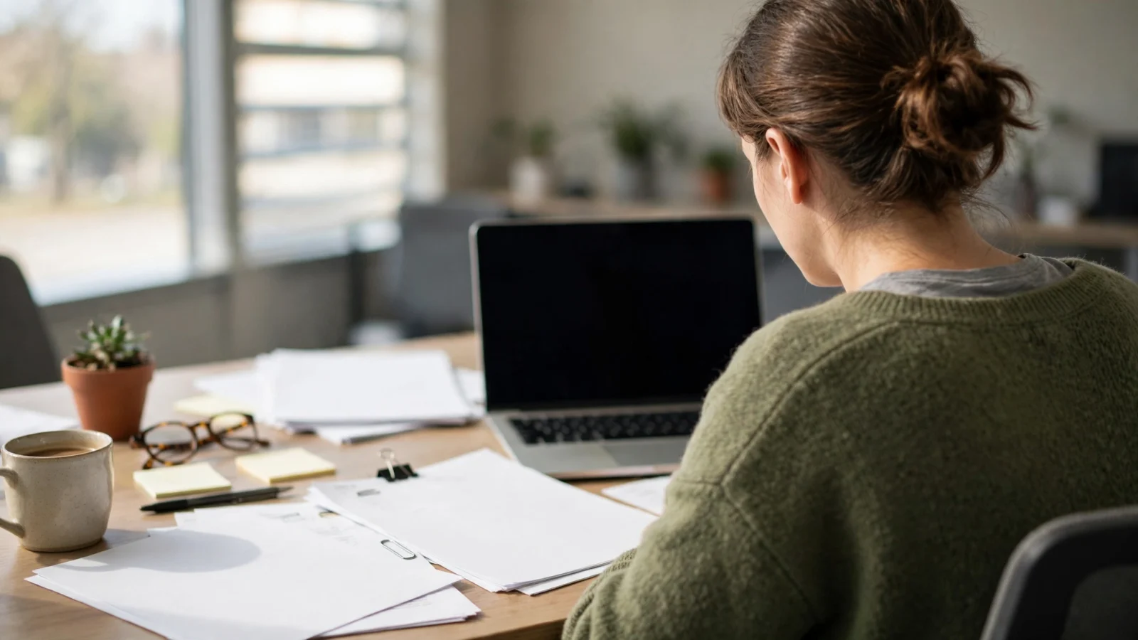 A person seen from behind at a desk with a laptop and papers
