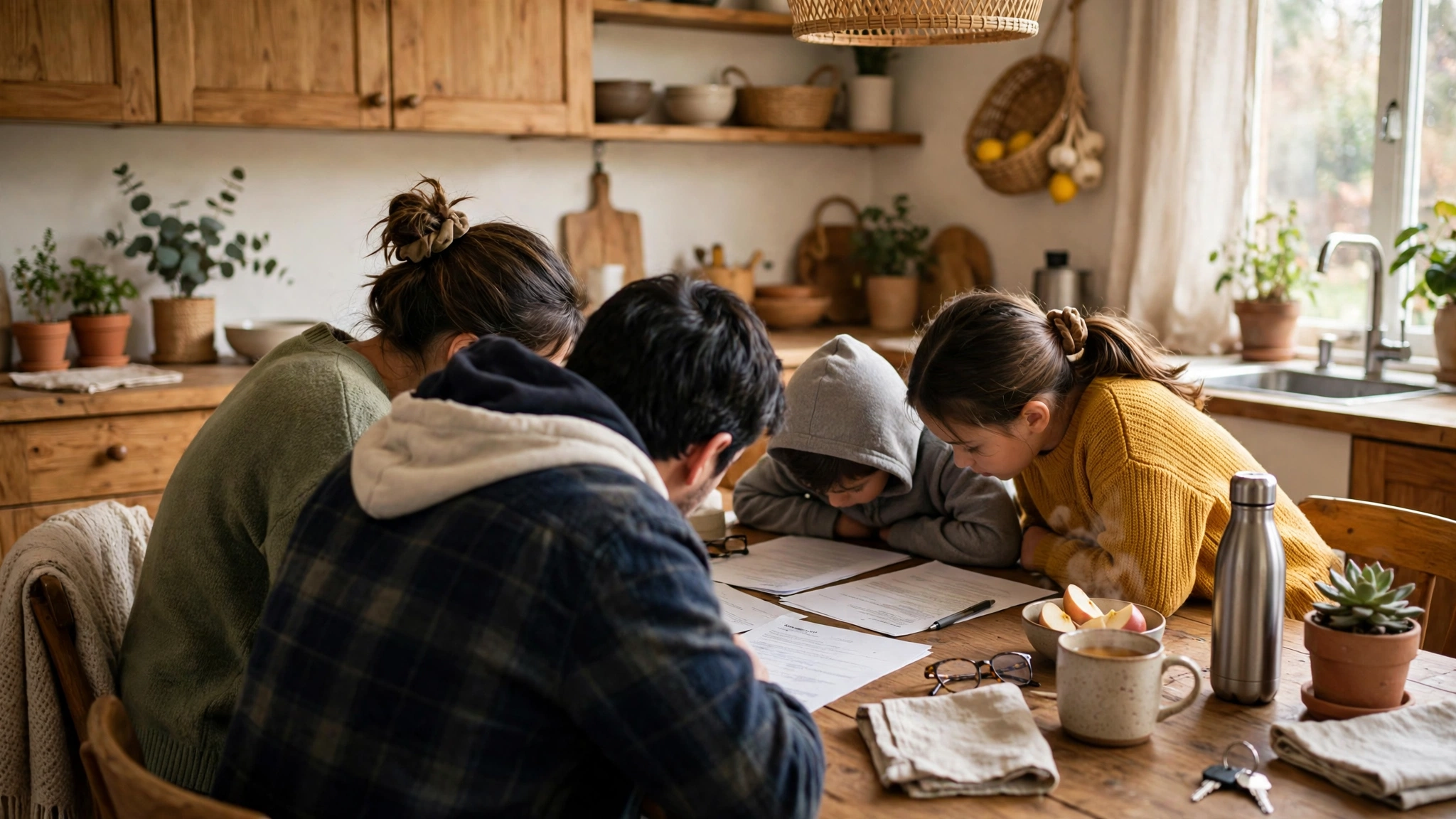 A family looking at papers spread on a kitchen table