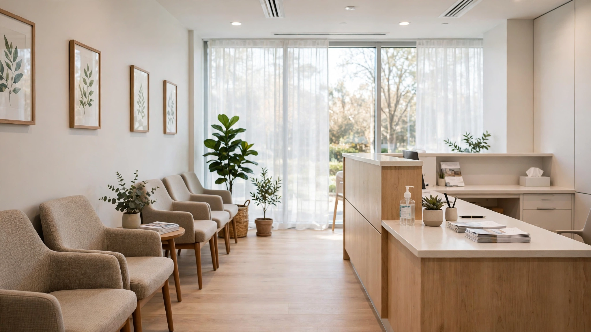 Empty chairs and a reception desk in a bright clinic waiting room