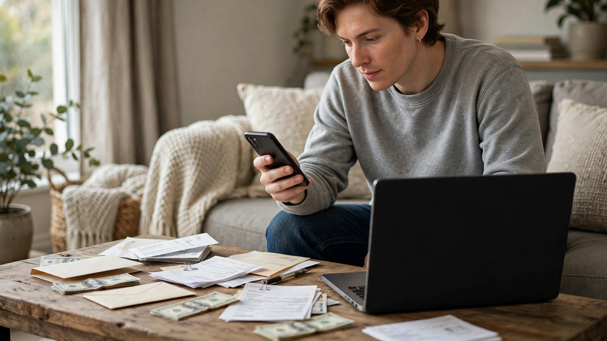A person on a sofa holding a phone with a laptop and papers on a coffee table