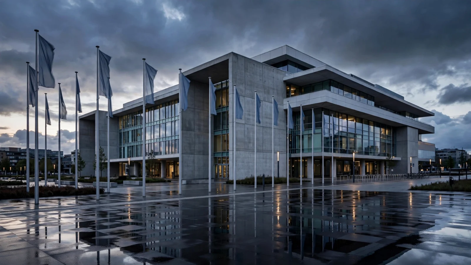 A modern courthouse building with rows of flagpoles in front, photographed at dusk with wet pavement reflecting the lights.