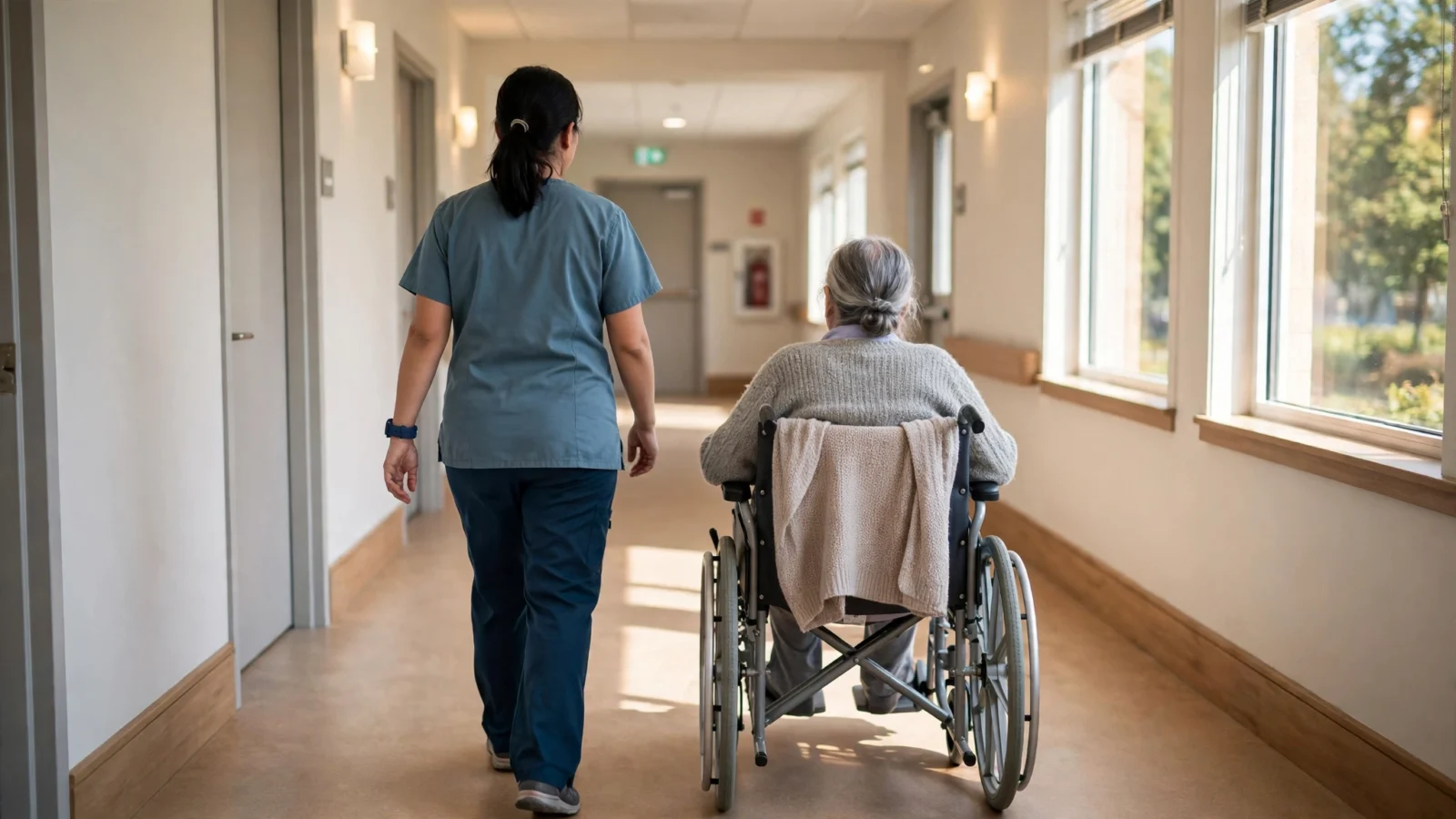 A caregiver in scrubs walking beside an elderly resident in a wheelchair down a bright nursing home hallway