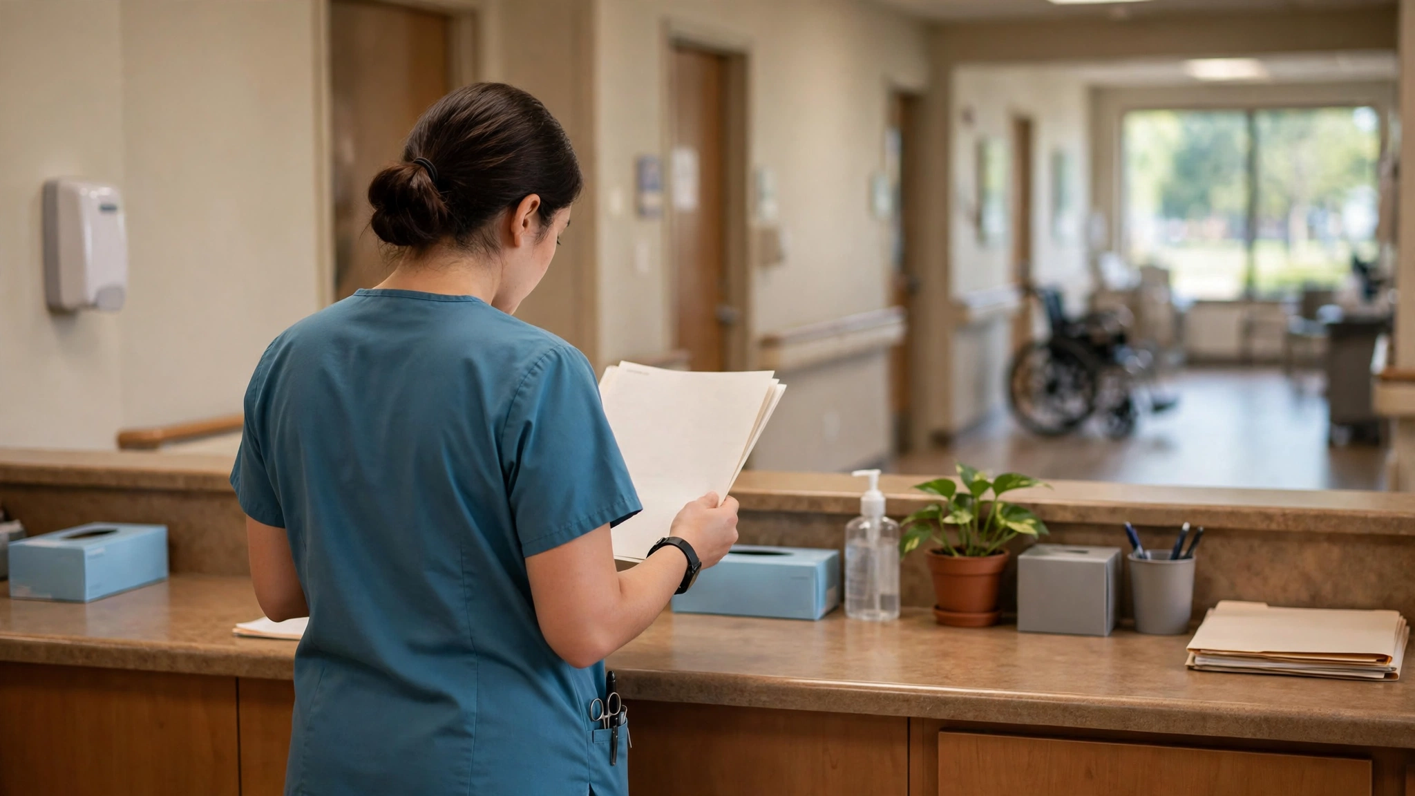 A nurse in scrubs reviewing paperwork at a nursing station in a long-term care facility