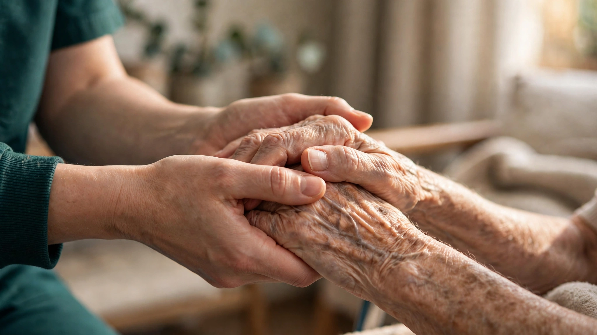 A caregiver's hands holding an elderly person's hands