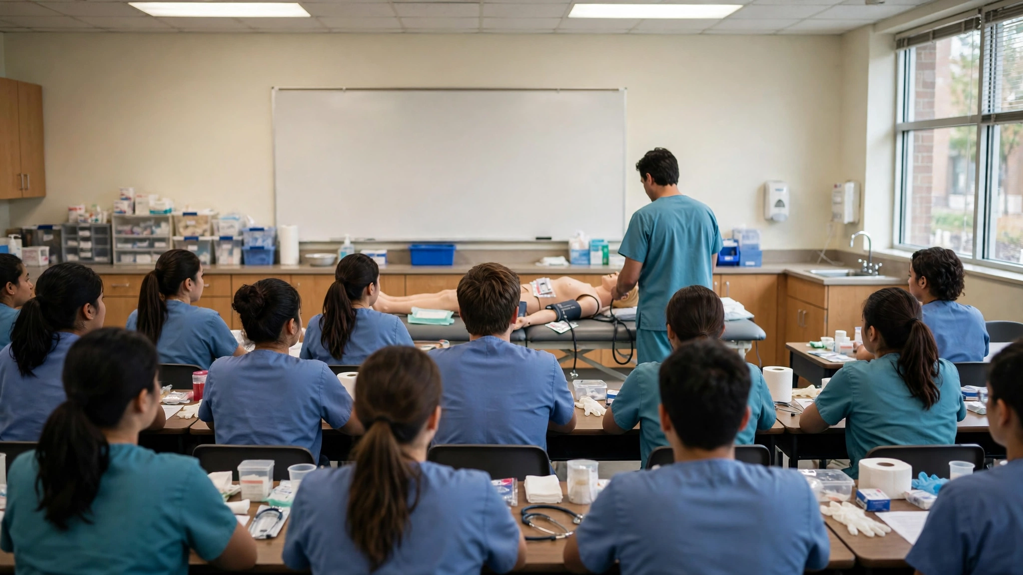 Nursing students in scrubs watching an instructor demonstrate care on a training mannequin in a classroom