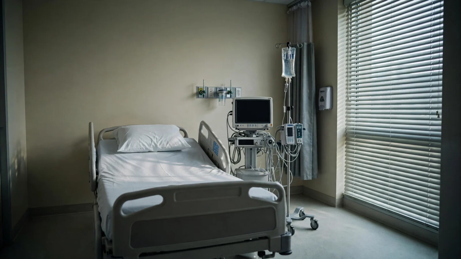 An empty hospital room with a vacant bed, medical monitor and IV stand beside a window with blinds