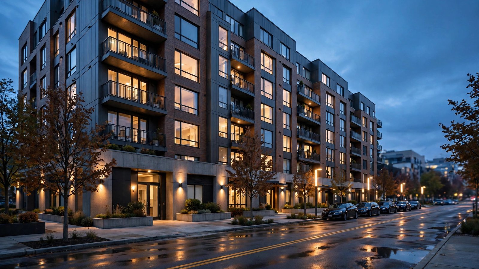 Modern mid-rise apartment building with lit windows at dusk, seen from across a city street