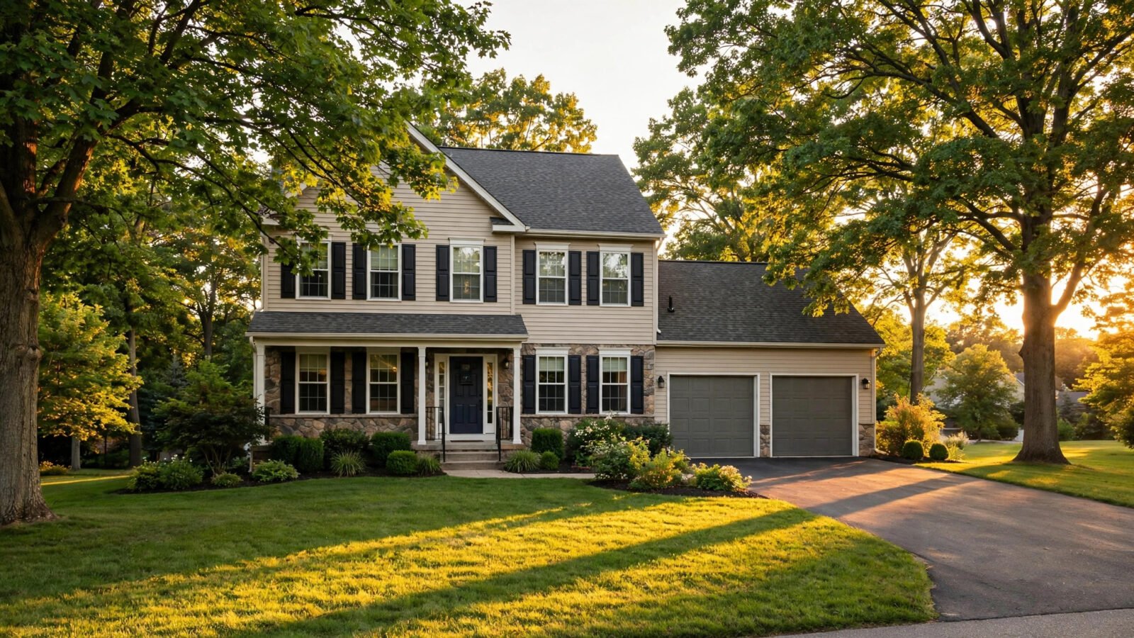 Two-story suburban house with a manicured lawn and driveway in golden-hour light