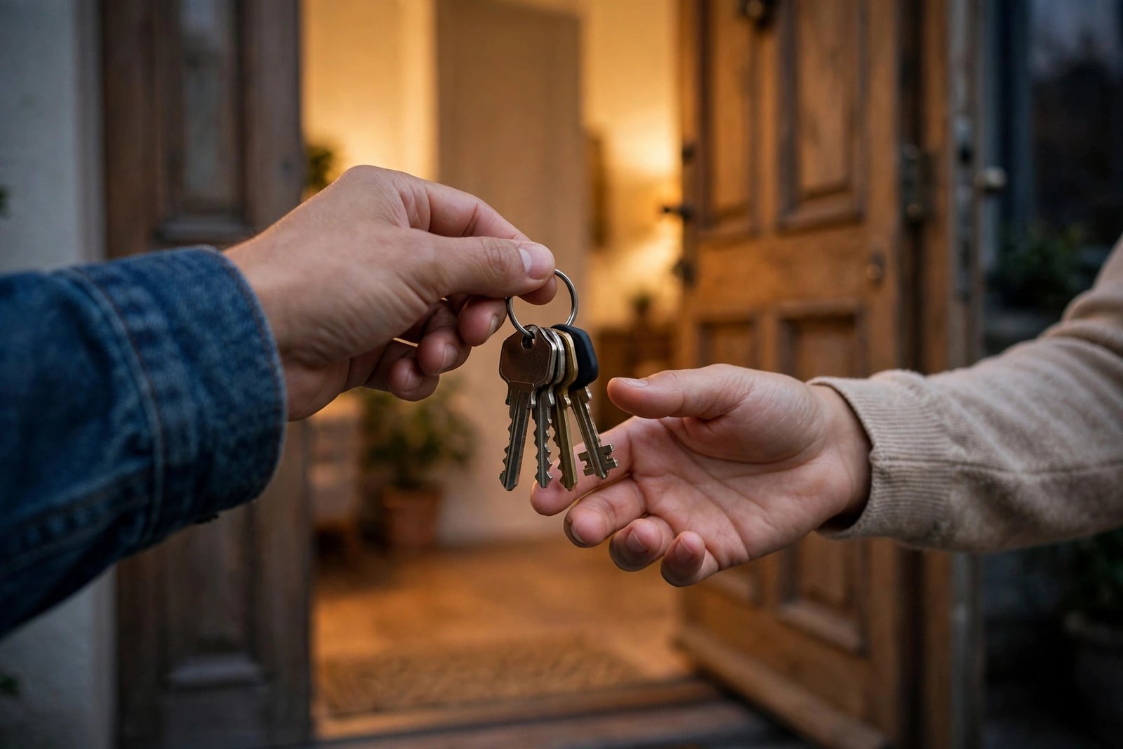 One person handing a set of house keys to another person at an open front door