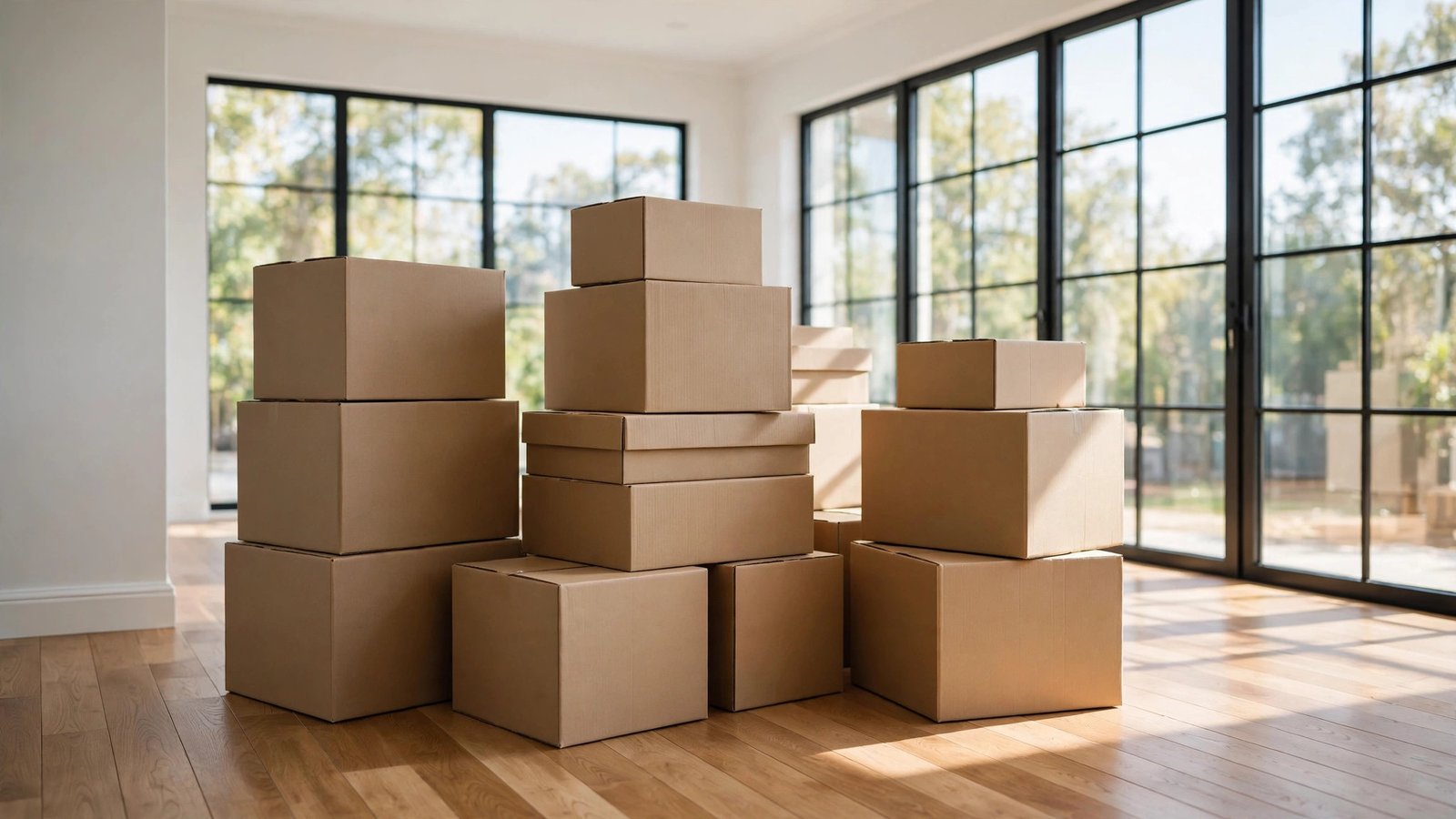 Stacks of cardboard moving boxes in an empty living room with hardwood floors and tall windows