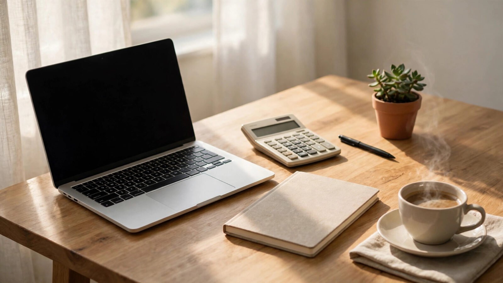 A laptop, calculator, notebook and cup of coffee on a wooden desk in morning light