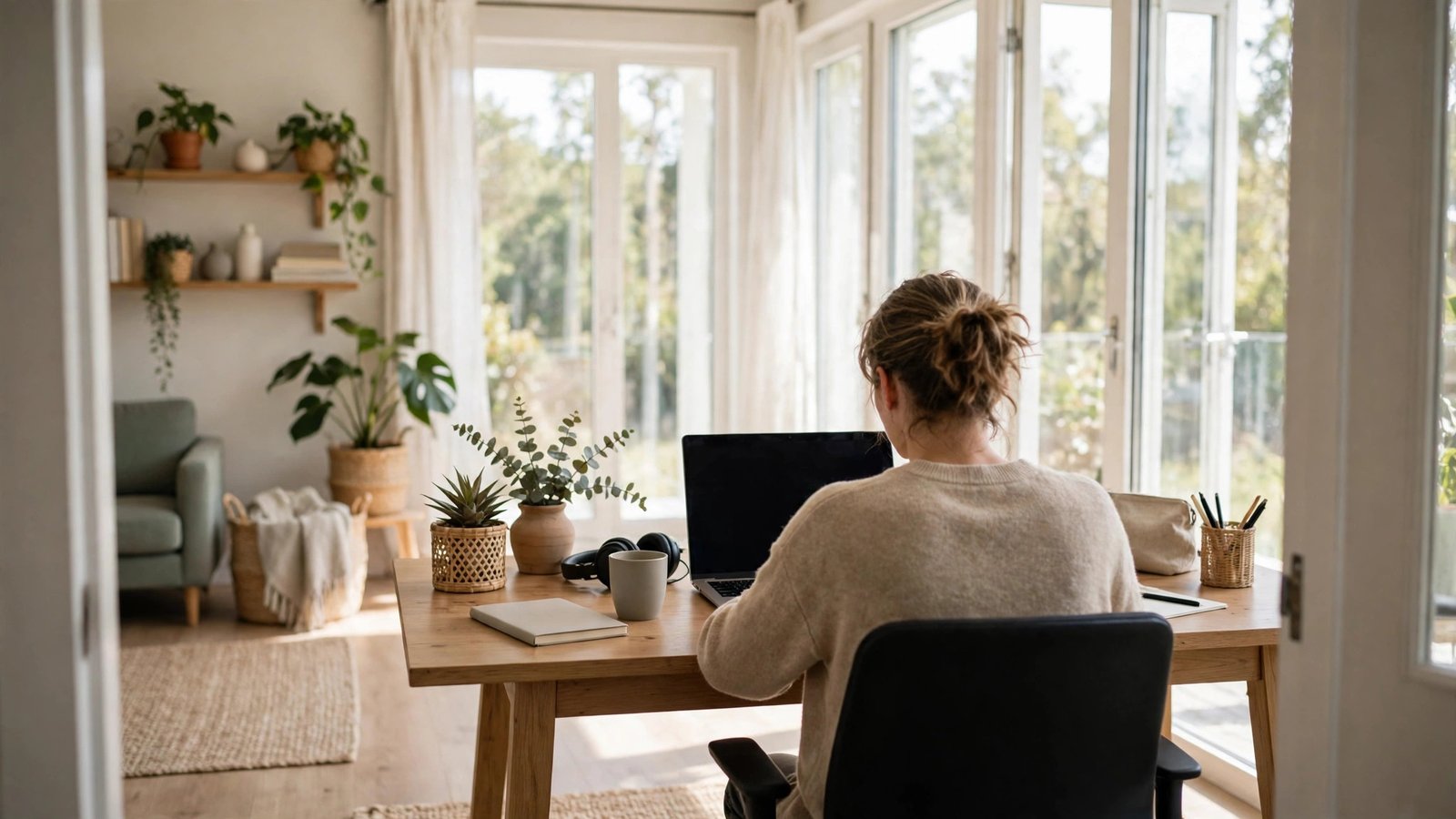 A person working at a laptop at a wooden desk in a bright home office, seen from behind