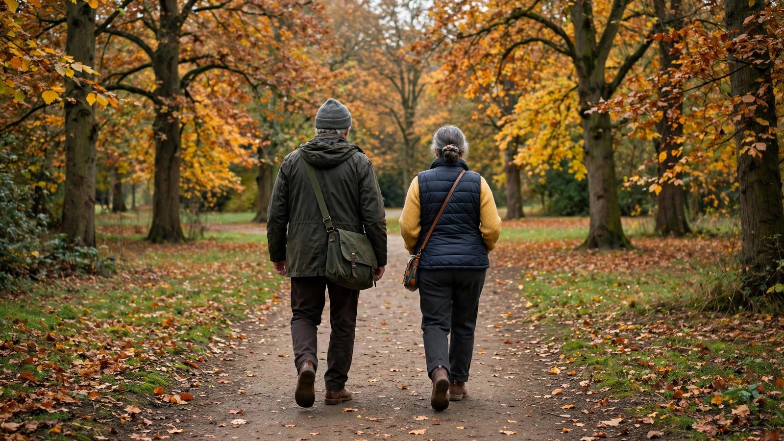 Two older people walking away from the camera on a park path covered with autumn leaves