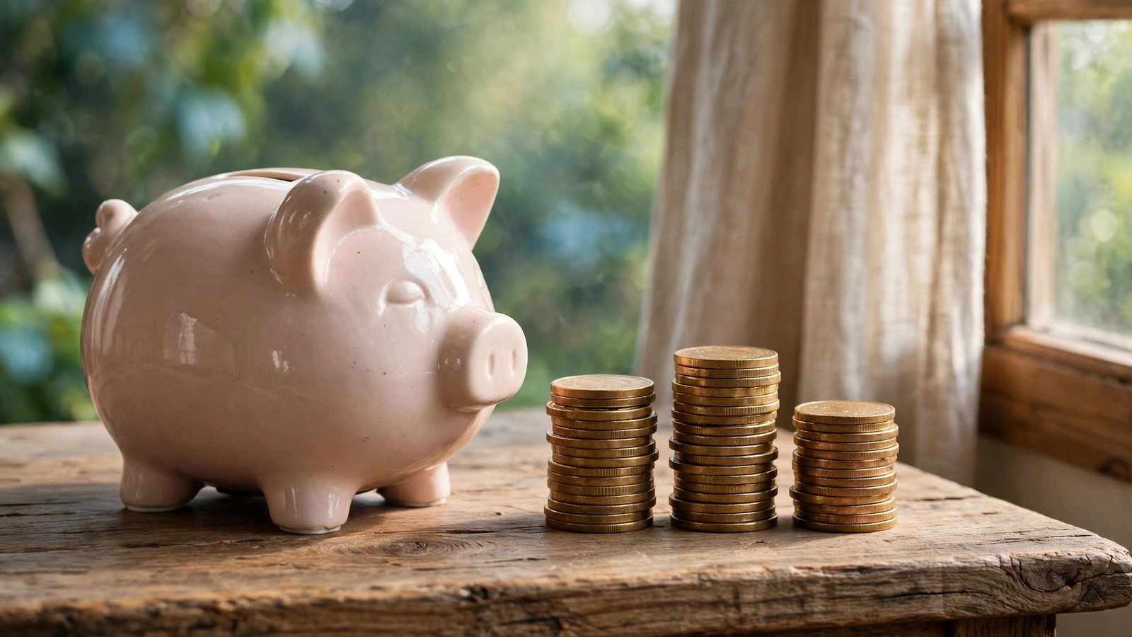 A pink ceramic piggy bank beside three stacks of gold coins on a wooden table near a window
