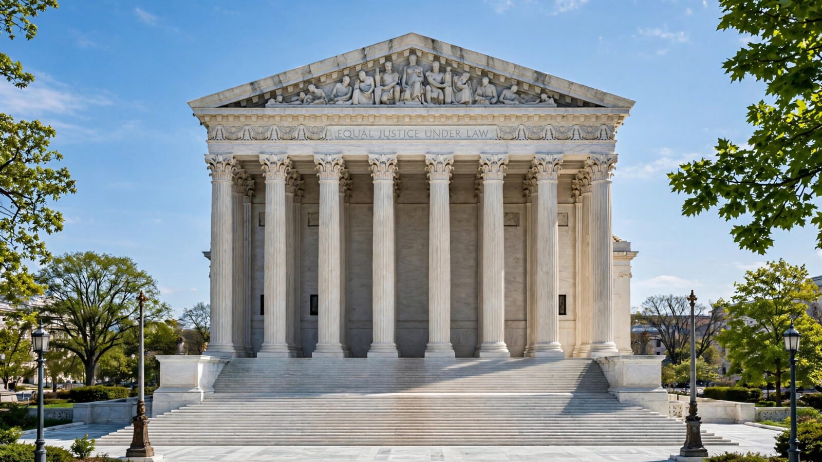 Front view of the U.S. Supreme Court building in Washington, D.C., with its columned facade and the words Equal Justice Under Law carved above the columns.