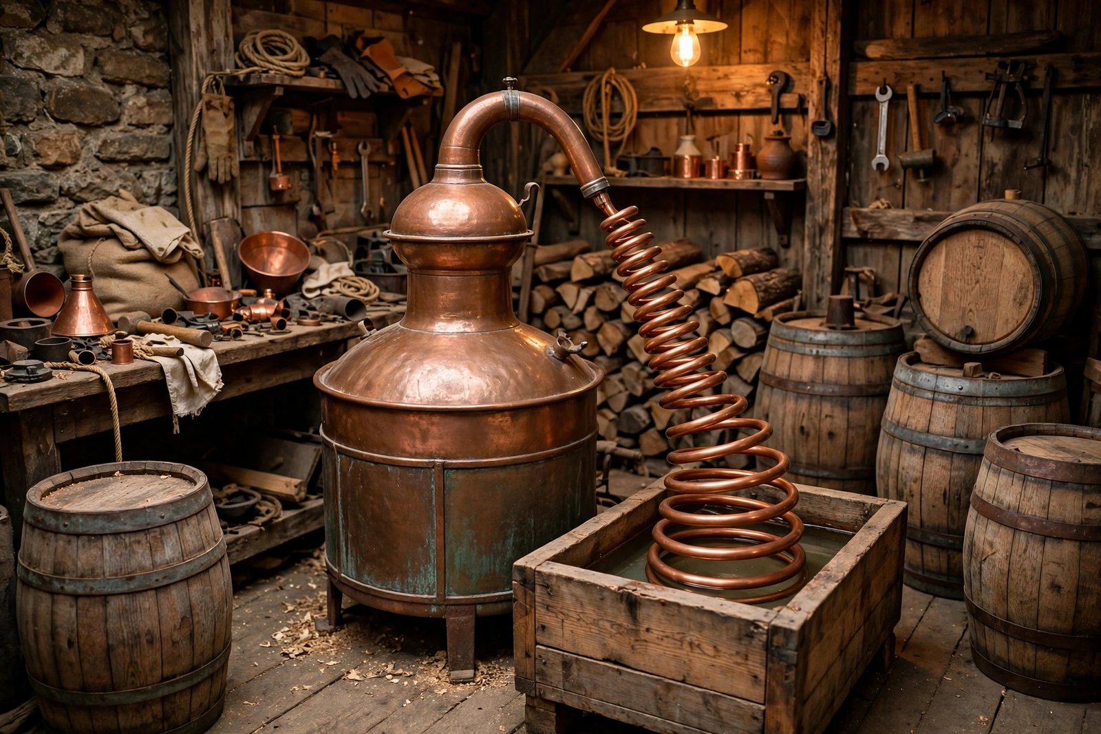 A copper pot still with a coiled condenser in a workshop, with wooden barrels stacked nearby.