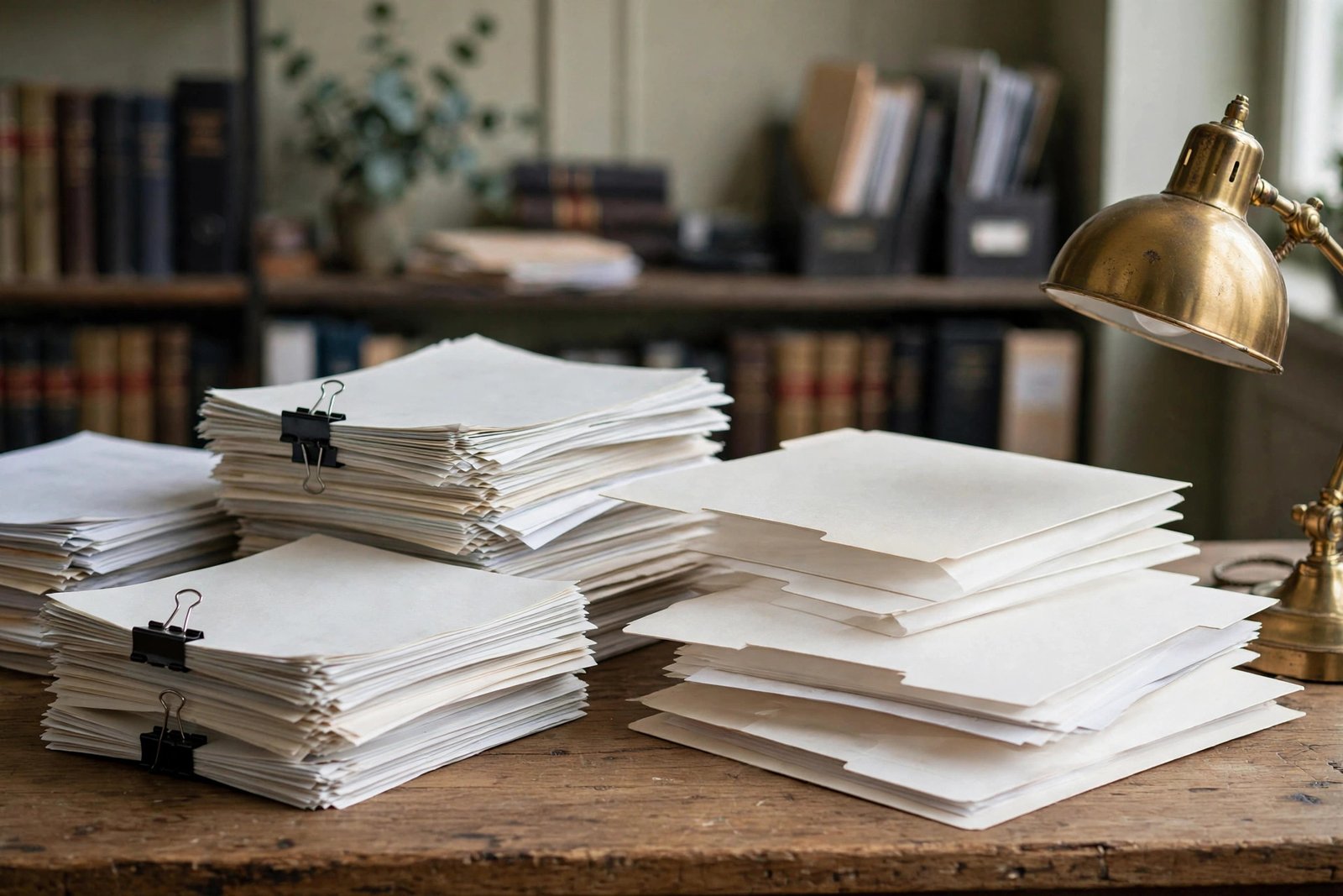 Stacks of legal briefs and case folders on a wooden desk in a law office beside a brass lamp.