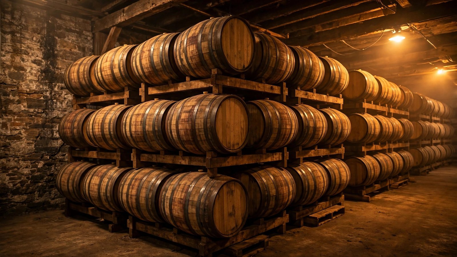 Rows of oak whiskey barrels stacked in a dim distillery warehouse under warm lighting.