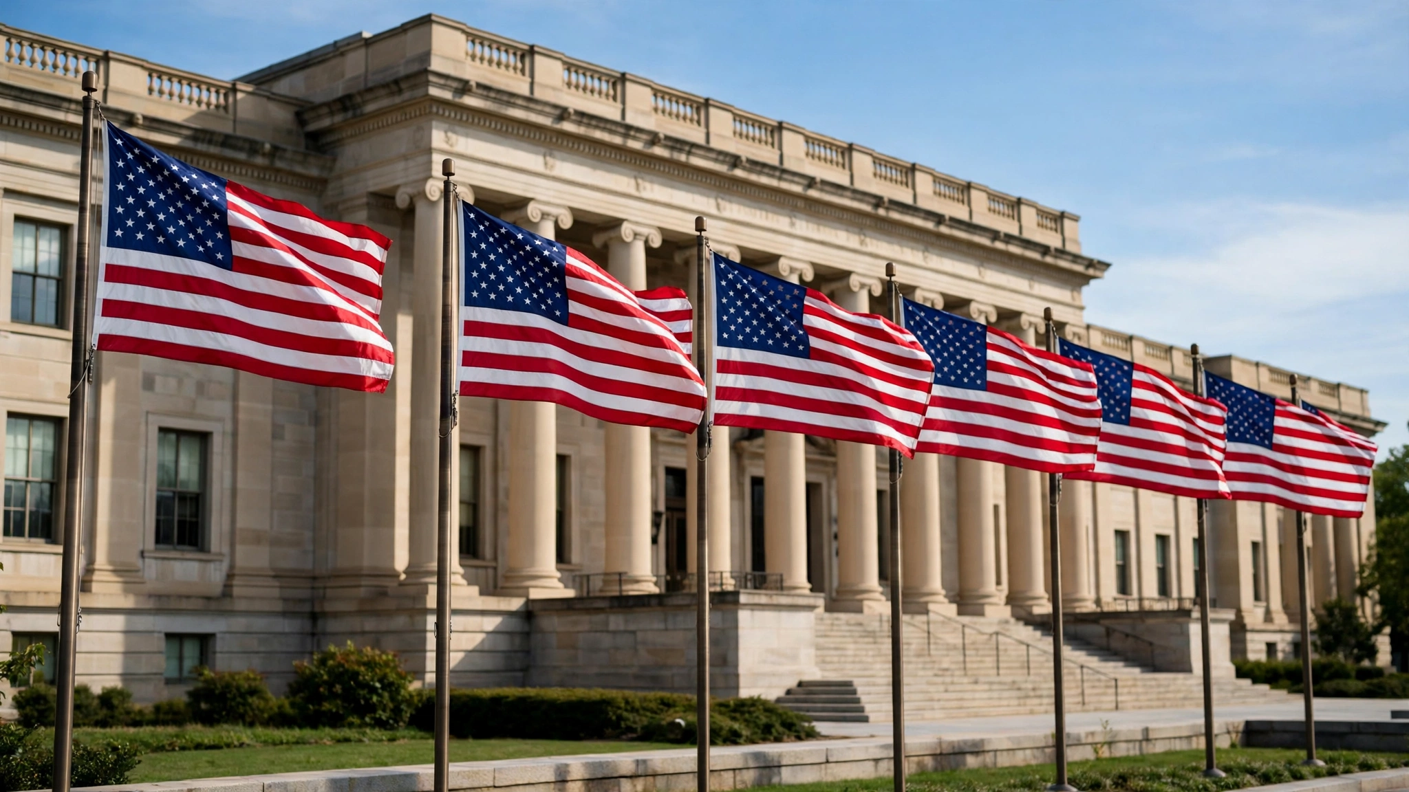 A row of American flags waving on flagpoles in front of a federal government building.