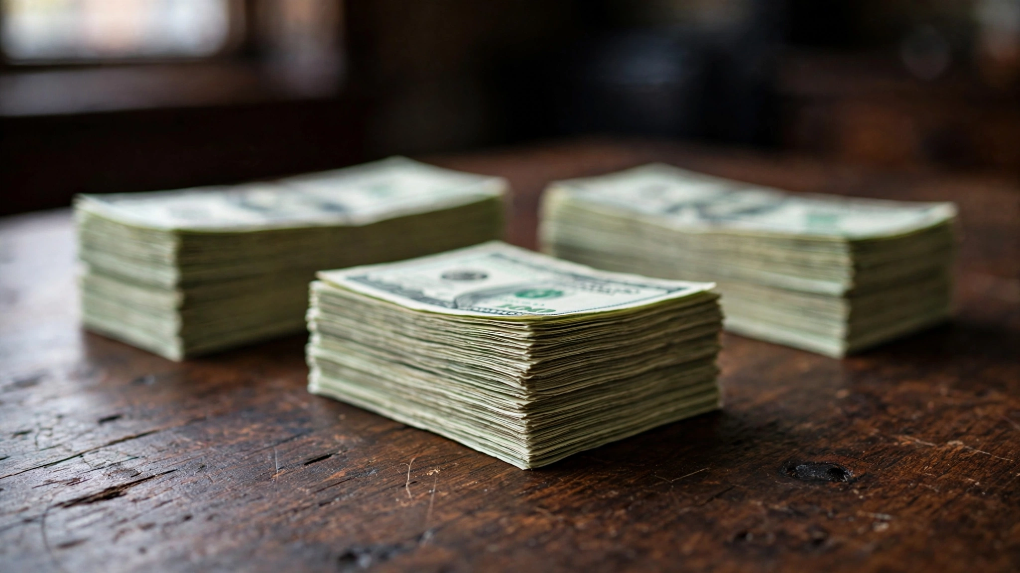 Stacks of U.S. dollar bills on a dark wooden desk.