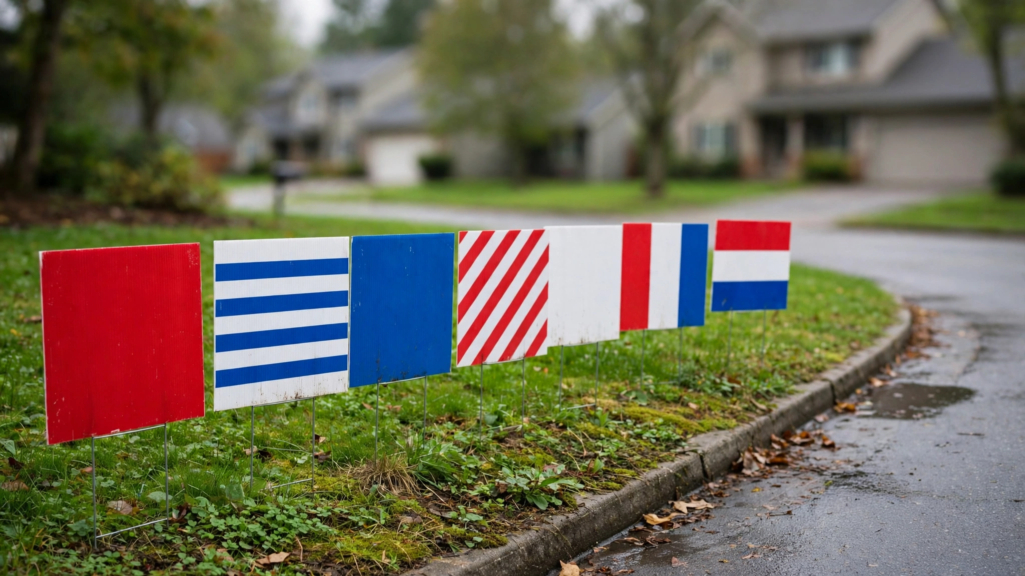 Blank red, white and blue campaign yard signs staked in grass along a suburban street.