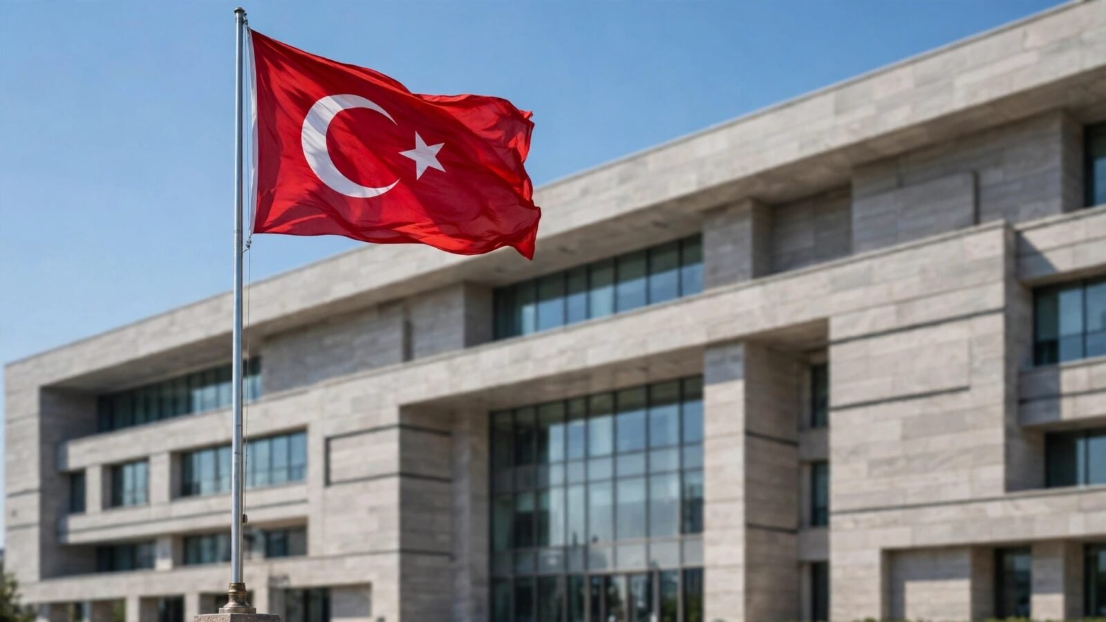 The Turkish national flag waving in front of a government building in Ankara, Turkey.