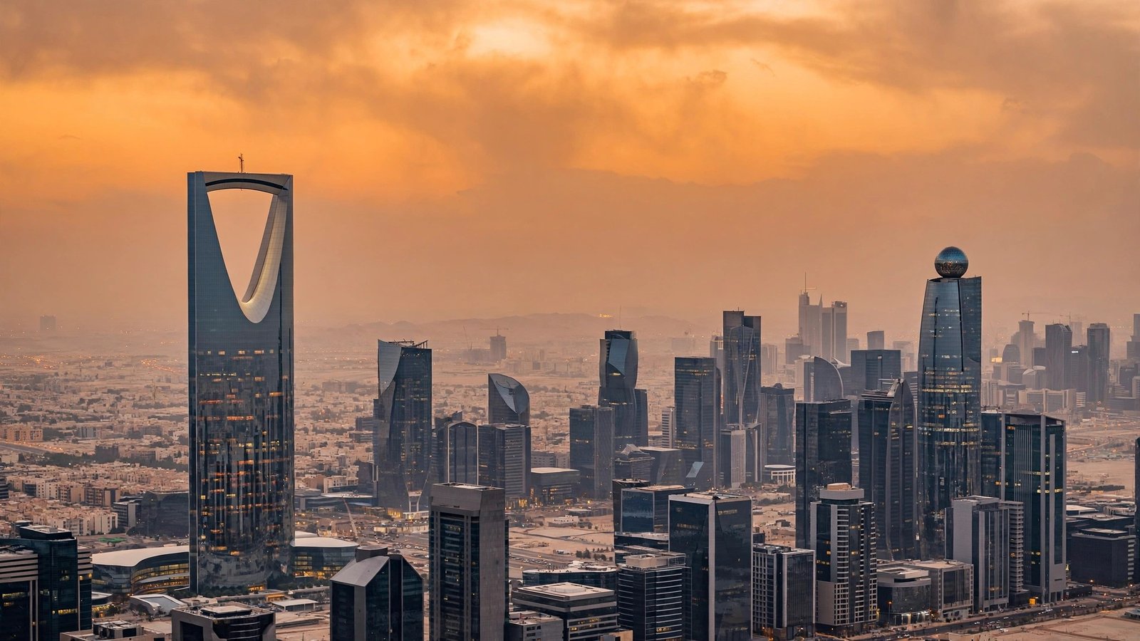 The Riyadh skyline at dusk, with modern high-rise towers.