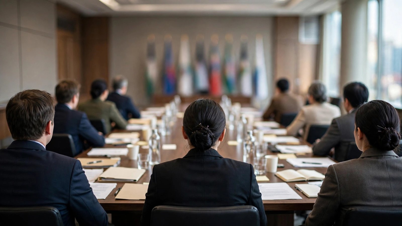 Delegates seated around a long conference table during closed-door talks, viewed from behind.