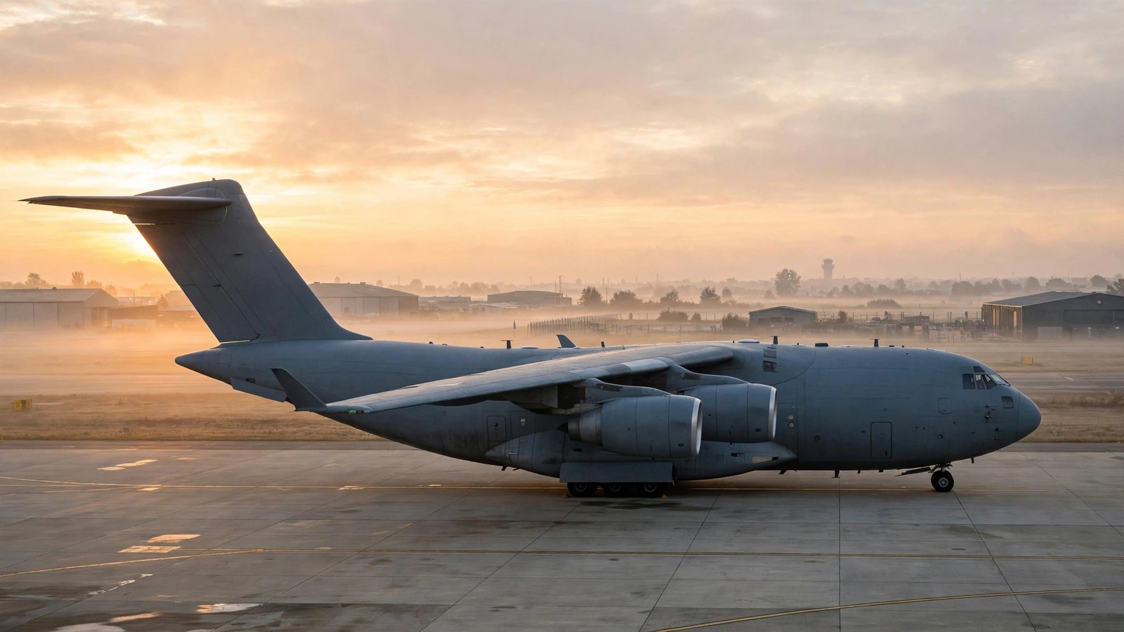 A military transport aircraft parked on an airport tarmac at sunrise.