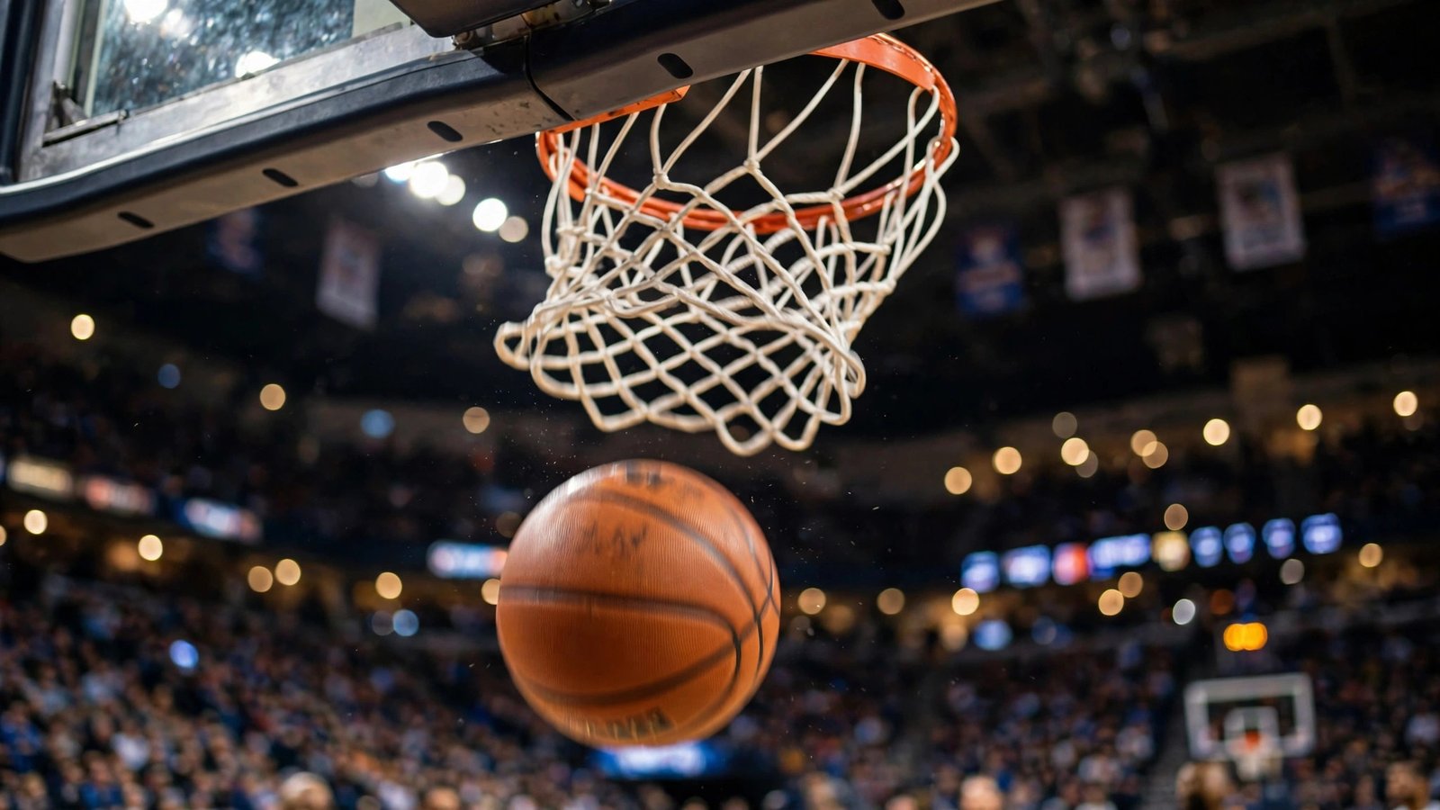 A basketball dropping through the hoop and net during a game, with arena lights blurred behind.