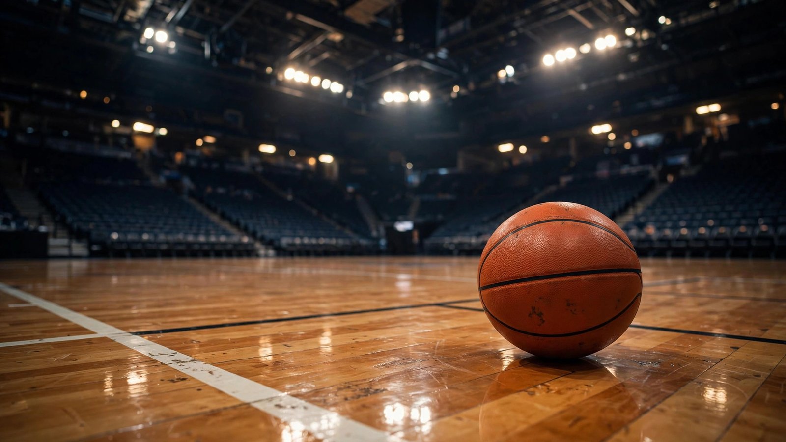 A basketball resting on a polished court floor with arena lights glowing overhead.