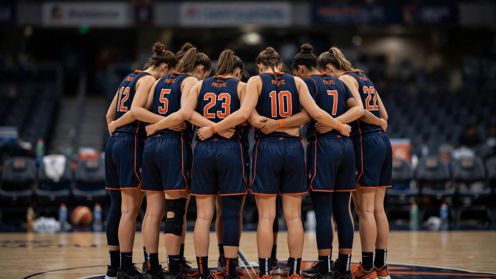 A women's basketball team huddled together on the court, seen from behind.