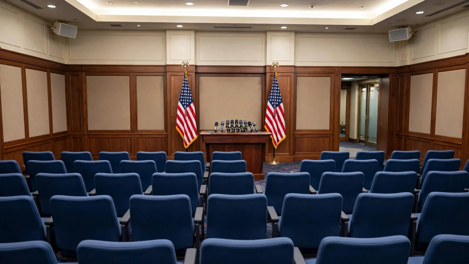 The empty White House press briefing room, with the podium and rows of press chairs. Katie Zacharia gave her first and only briefing there on Tuesday.