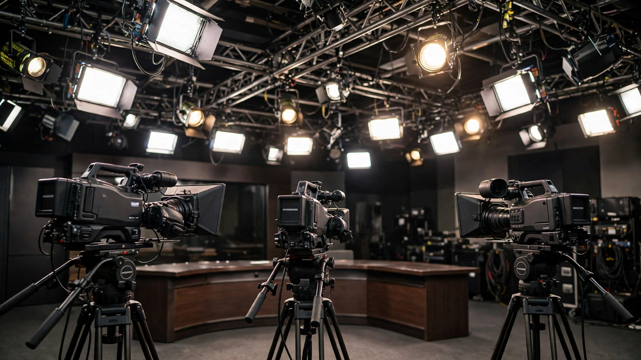 Television news studio cameras and lights. Zacharia left her post after two difficult interviews on Fox News.