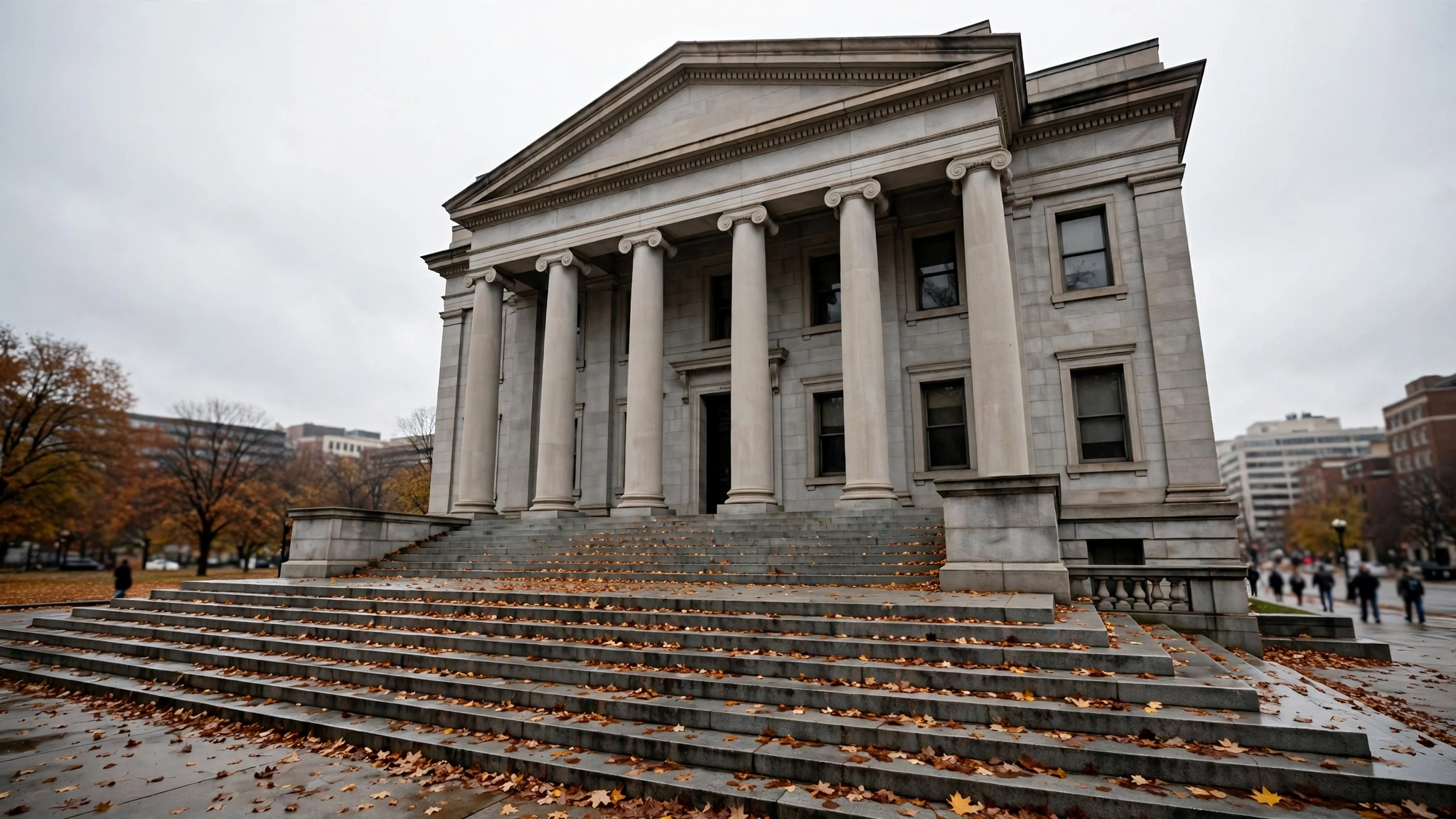 A stone government building with tall columns and wide steps covered in autumn leaves
