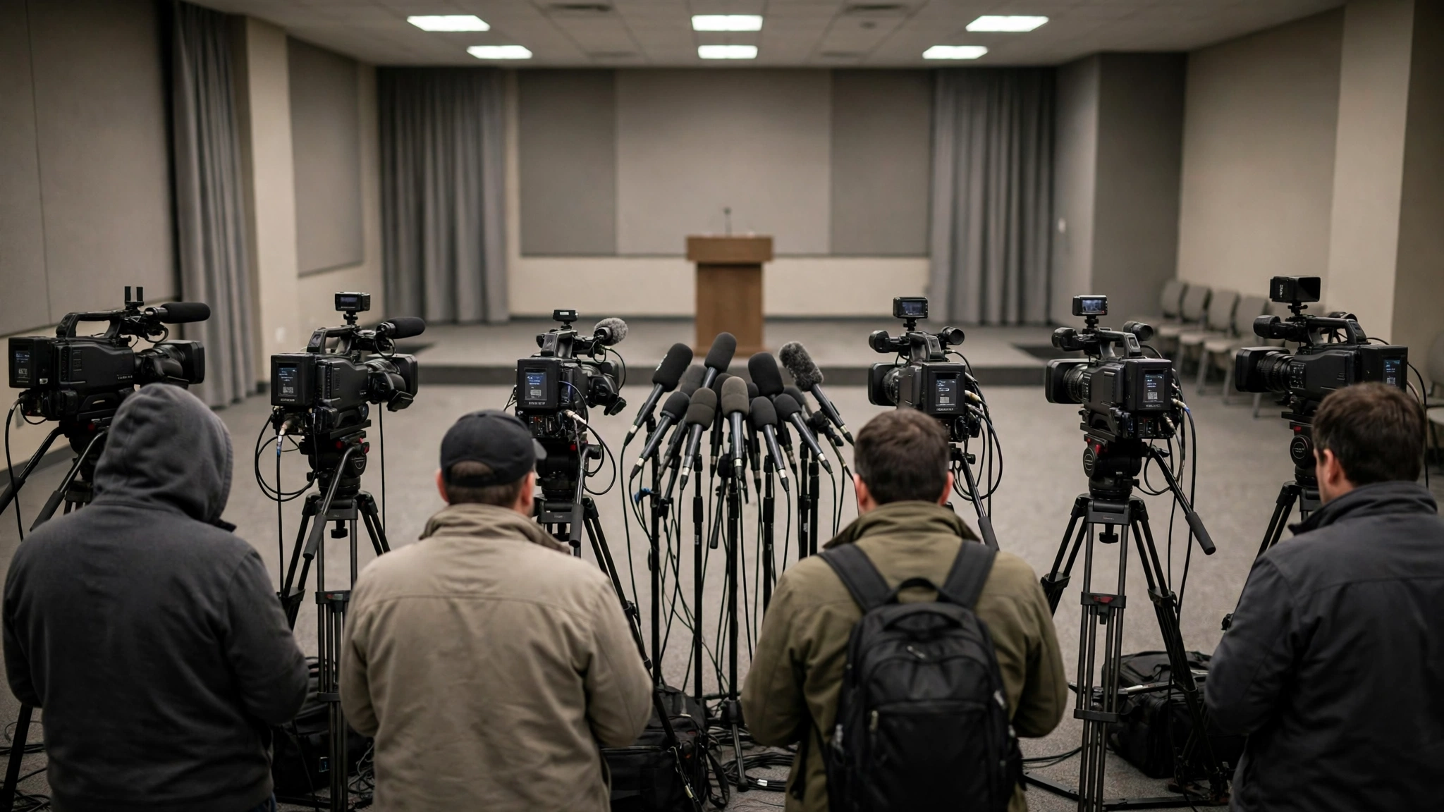 Television cameras and microphones pointed at an empty podium in a press room