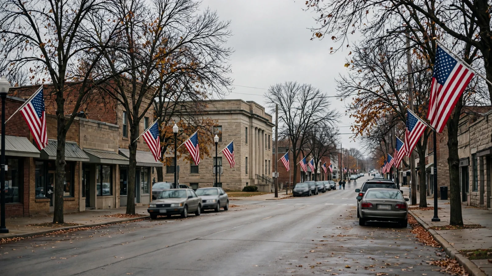 A downtown street in a small Midwestern city in late autumn with American flags on poles, bare trees and parked cars